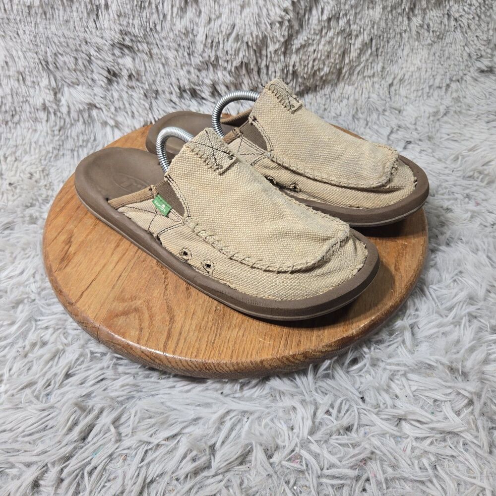 Sanuk Mens Tan Canvas Slip On Moc Toe Casual Beach Comfort Textile Shoe Sz 9-10